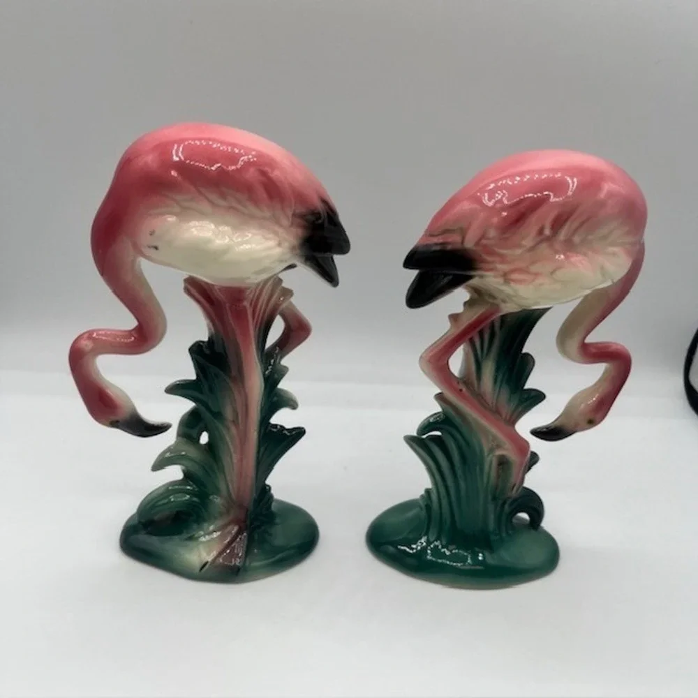 Vintage Pink Flamingo Ceramic Figurines Pair Mid Century Modern Tropical Decor